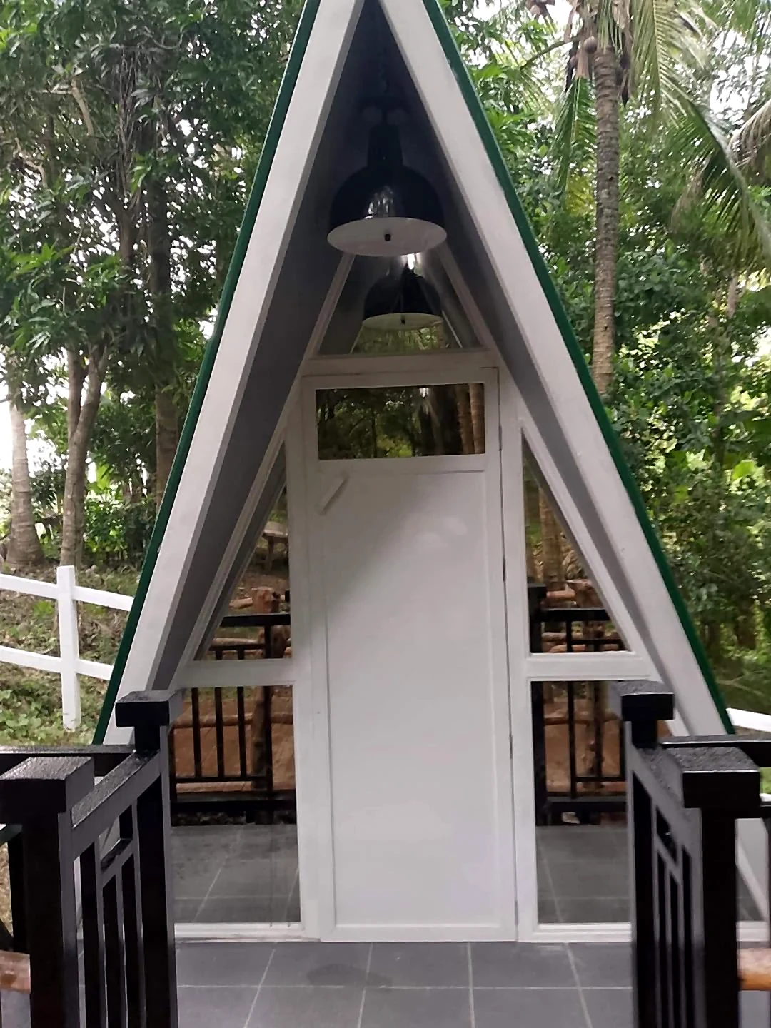 Modern A-frame cabin entrance